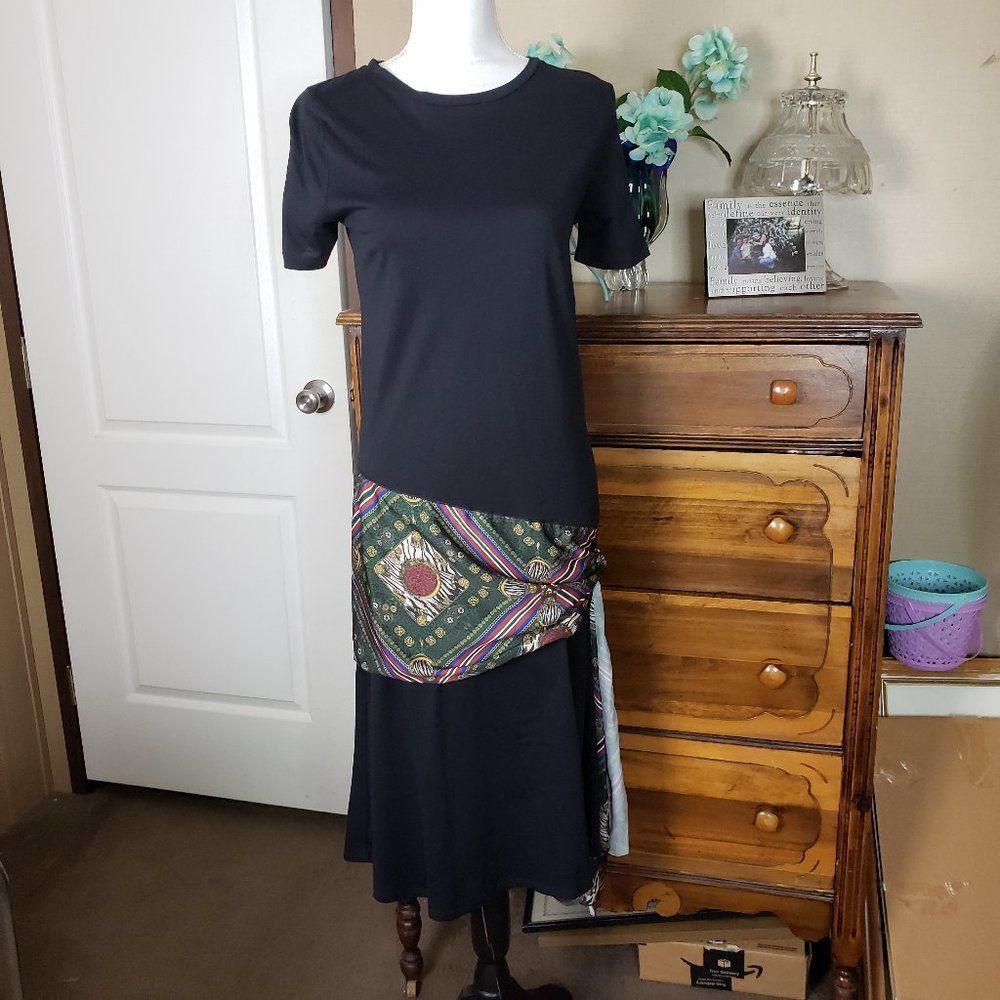 Zara Basic Black T-Shirt Midi Dress with Hip Scarf Tie Women’s Small S Crew Neck